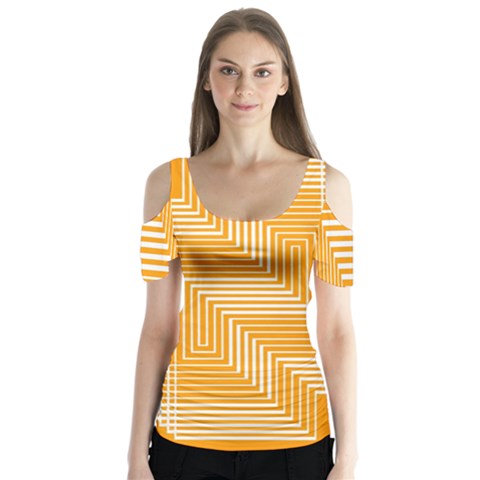 Orange Line Plaid Butterfly Sleeve Cutout Tee  by Mariart