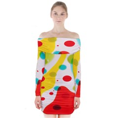 Polkadot Color Rainbow Red Blue Yellow Green Long Sleeve Off Shoulder Dress by Mariart
