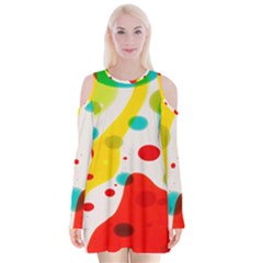 Polkadot Color Rainbow Red Blue Yellow Green Velvet Long Sleeve Shoulder Cutout Dress by Mariart