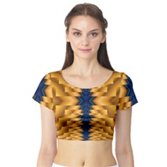 Plaid Blue Gold Wave Chevron Short Sleeve Crop Top (Tight Fit)