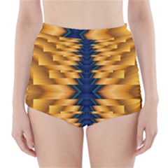 Plaid Blue Gold Wave Chevron High-Waisted Bikini Bottoms
