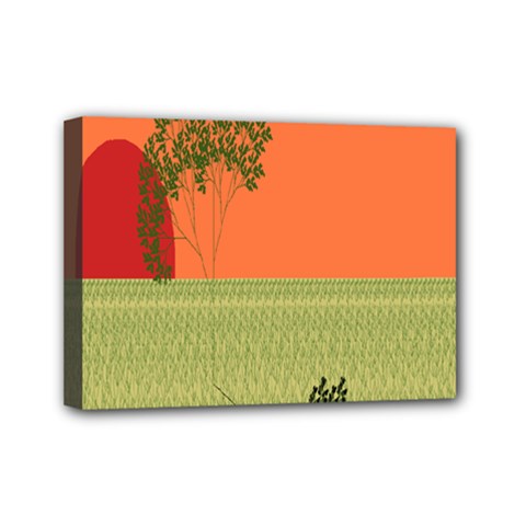 Sunset Orange Green Tree Sun Red Polka Mini Canvas 7  X 5 