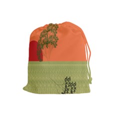Sunset Orange Green Tree Sun Red Polka Drawstring Pouches (large)  by Mariart