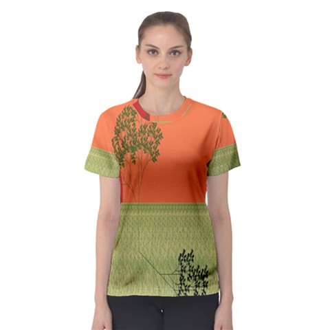 Sunset Orange Green Tree Sun Red Polka Women s Sport Mesh Tee by Mariart