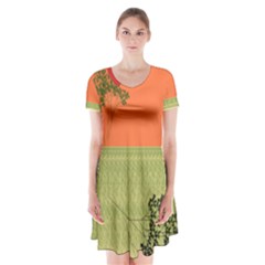 Sunset Orange Green Tree Sun Red Polka Short Sleeve V-neck Flare Dress by Mariart