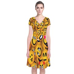 Smileys Linus Face Mask Cute Yellow Short Sleeve Front Wrap Dress by Mariart