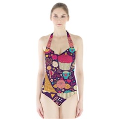 Cute Colorful Doodles Colorful Cute Doodle Paris Halter Swimsuit by Nexatart