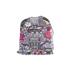 0 Sad War Kawaii Doodle Drawstring Pouches (Medium) 