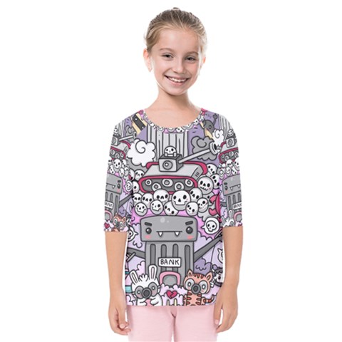 0 Sad War Kawaii Doodle Kids  Quarter Sleeve Raglan Tee by Nexatart