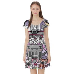 0 Sad War Kawaii Doodle Short Sleeve Skater Dress