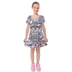 0 Sad War Kawaii Doodle Kids  Short Sleeve Velvet Dress