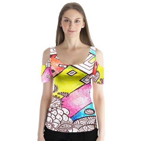 Beautiful Colorful Doodle Butterfly Sleeve Cutout Tee  by Nexatart