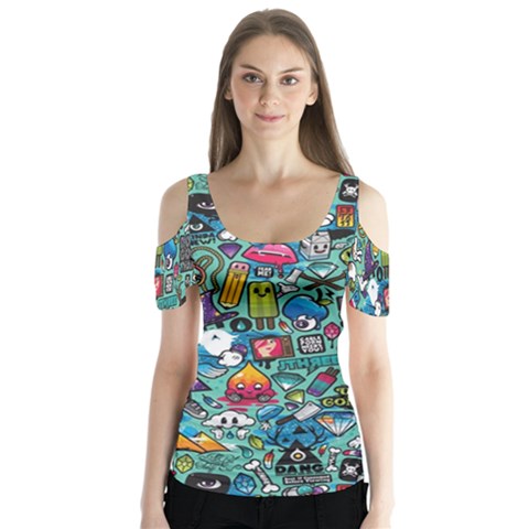 Colorful Drawings Pattern Butterfly Sleeve Cutout Tee  by Nexatart