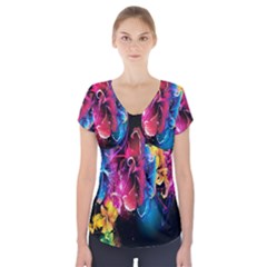 Abstract Patterns Lines Colors Flowers Floral Butterfly Short Sleeve Front Detail Top