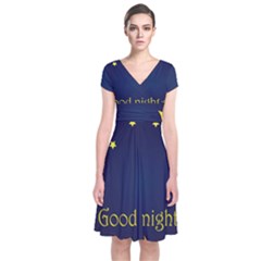 Star Moon Good Night Blue Sky Yellow Light Short Sleeve Front Wrap Dress