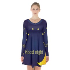 Star Moon Good Night Blue Sky Yellow Light Long Sleeve Velvet V-neck Dress