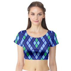 Blue Diamonds Green Grey Plaid Line Chevron Short Sleeve Crop Top (tight Fit)