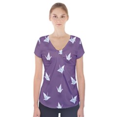 Goose Swan Animals Birl Origami Papper White Purple Short Sleeve Front Detail Top by Mariart