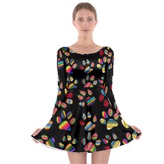 Colorful Paw Prints Pattern Background Reinvigorated Long Sleeve Skater Dress
