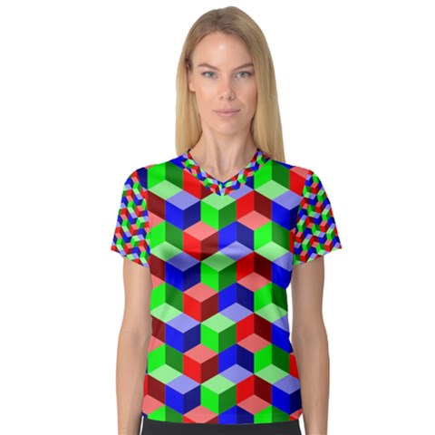 Seamless Rgb Isometric Cubes Pattern Women s V-neck Sport Mesh Tee by Nexatart