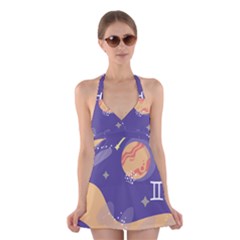 Planet Galaxy Space Star Polka Meteor Moon Blue Sky Circle Halter Swimsuit Dress by Mariart