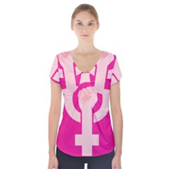 Women Safety Feminist Nail Strong Pink Circle Polka Short Sleeve Front Detail Top