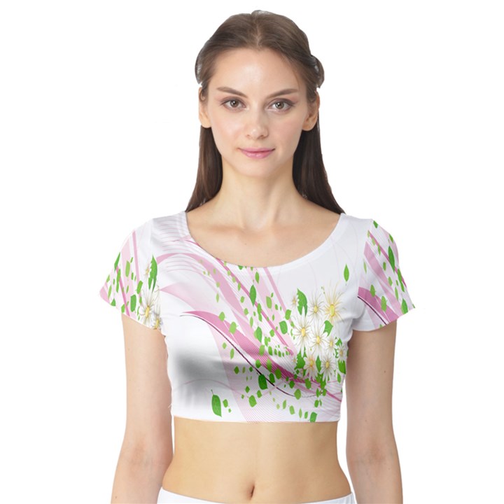 Sunflower Flower Floral Leaf Line Wave Chevron Pink Short Sleeve Crop Top (Tight Fit)