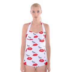 Smooch Pattern Design Boyleg Halter Swimsuit  by Nexatart