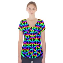 Rainbow Flower Of Life In Black Circle Short Sleeve Front Detail Top