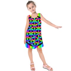 Rainbow Flower Of Life In Black Circle Kids  Sleeveless Dress by Nexatart