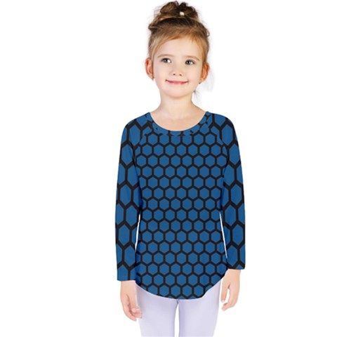 Blue Dark Navy Cobalt Royal Tardis Honeycomb Hexagon Kids  Long Sleeve Tee by Mariart