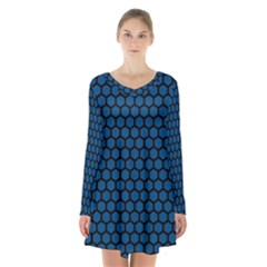 Blue Dark Navy Cobalt Royal Tardis Honeycomb Hexagon Long Sleeve Velvet V-neck Dress by Mariart