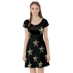 Colorful Gold Star Christmas Short Sleeve Skater Dress