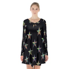 Colorful Gold Star Christmas Long Sleeve Velvet V-neck Dress