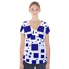 Illustrated Blue Squares Short Sleeve Front Detail Top