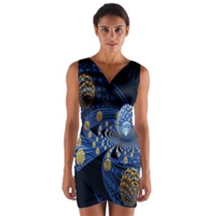 Fractal Balls Flying Ultra Space Circle Round Line Light Blue Sky Gold Wrap Front Bodycon Dress by Mariart