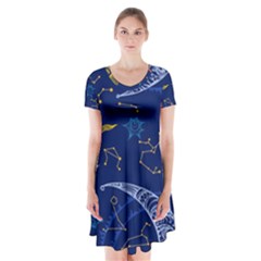 Sun Moon Seamless Star Blue Sky Space Face Circle Short Sleeve V-neck Flare Dress by Mariart