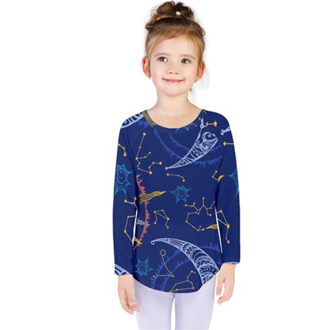 Sun Moon Seamless Star Blue Sky Space Face Circle Kids  Long Sleeve Tee by Mariart