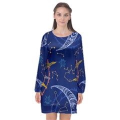 Sun Moon Seamless Star Blue Sky Space Face Circle Long Sleeve Chiffon Shift Dress  by Mariart