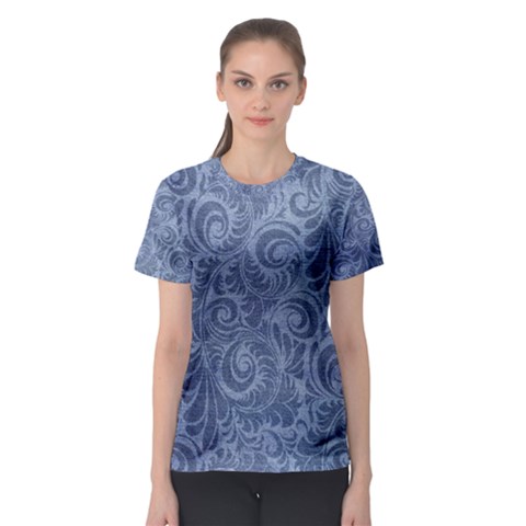 Blue Romantic Flower Pattern Denim Women s Sport Mesh Tee by Ivana