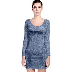 Blue Romantic Flower Pattern Denim Long Sleeve Bodycon Dress