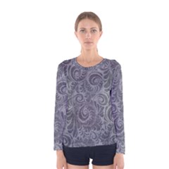 Grey Romantic Flower Pattern Denim Women s Long Sleeve Tee