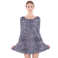 Grey Romantic Flower Pattern Denim Long Sleeve Velvet Skater Dress by Ivana
