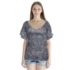 Grey Romantic Flower Pattern Denim Flutter Sleeve Top by Ivana