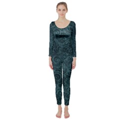 Teal Romantic Flower Pattern Denim Long Sleeve Catsuit by Ivana