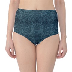 Teal Romantic Flower Pattern Denim High-waist Bikini Bottoms by Ivana