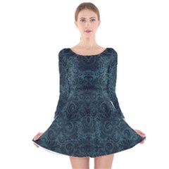 Teal Romantic Flower Pattern Denim Long Sleeve Velvet Skater Dress by Ivana