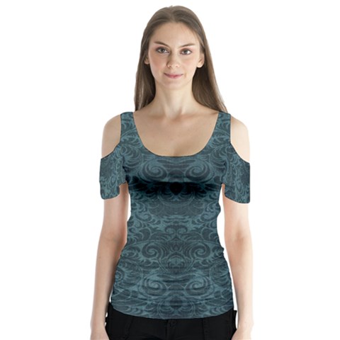 Teal Romantic Flower Pattern Denim Butterfly Sleeve Cutout Tee  by Ivana