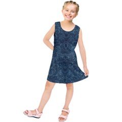 Teal Romantic Flower Pattern Denim Kids  Tunic Dress by Ivana