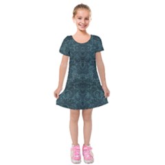 Teal Romantic Flower Pattern Denim Kids  Short Sleeve Velvet Dress by Ivana